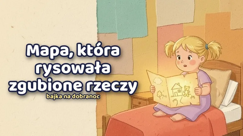 Dziewczynka na łóżku trzyma świecącą mapę z narysowanym domkiem i misiem
