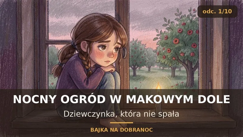 Zamyślona dziewczynka w oknie, za nią ogród z jabłonkami o zmierzchu