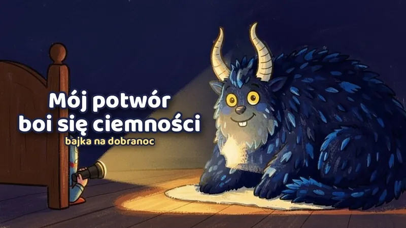 Puchaty niebieski potwór z rogami siedzi przy łóżku, dziecko świeci na niego latarką