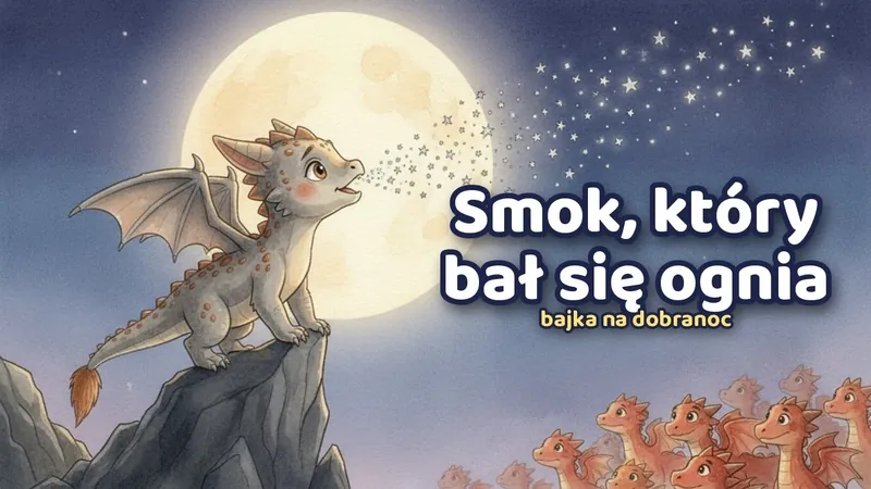 Mały smok na skale pod księżycem, wydmuchuje gwiazdki zamiast ognia