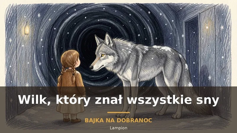 Dziewczynka i srebrny wilk przed wirującym tunelem ze snów